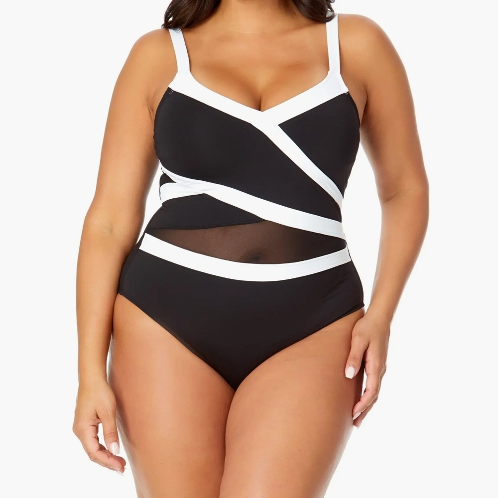 Anne Cole Black & White Mesh Insert One Piece Swimsuit